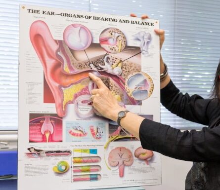 DWM Audiologist discussing acoustic shock with a patient